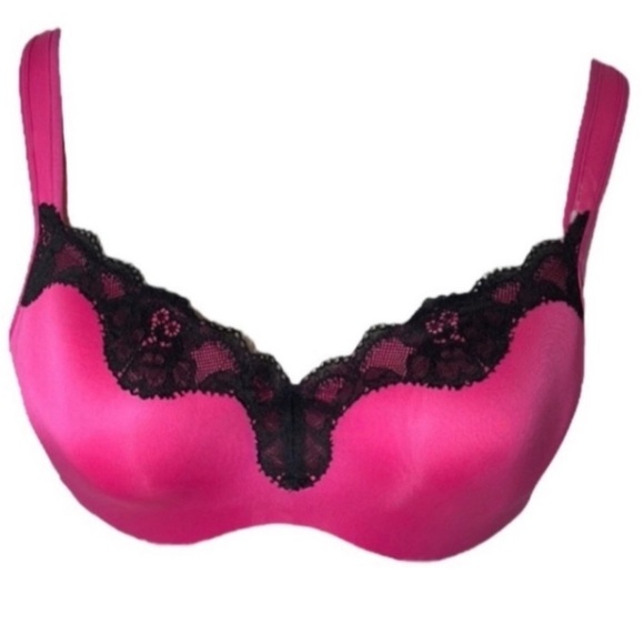 Cacique Bra Neon Pink Black Lace Padded Supportive Underwire Goth Barbie 38 C - Picture 1 of 16